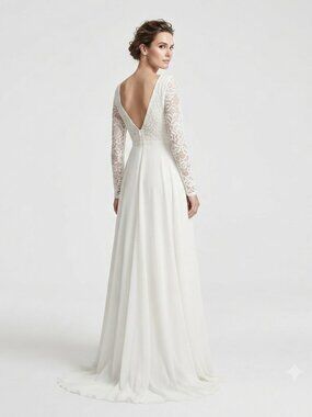 BRIDAL WHITE LACE LONG SLEEVE BACKLESS V-NECKLINE TRAINED WEDDING GOWN DRESS
